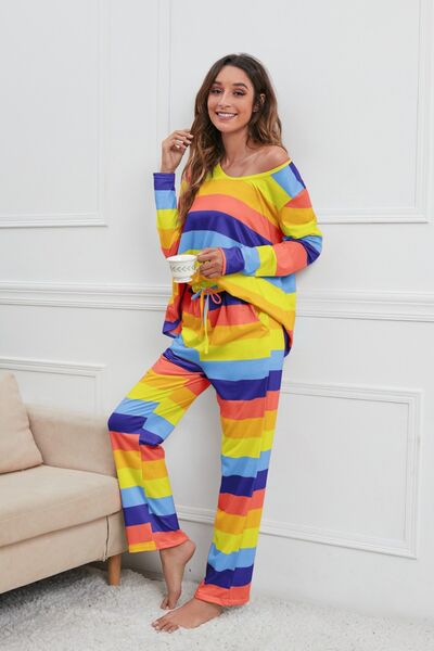 Striped Long Sleeve Top and Drawstring Pants Lounge Set