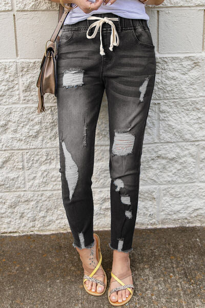 Drawstring Distressed Raw Hem Jeans