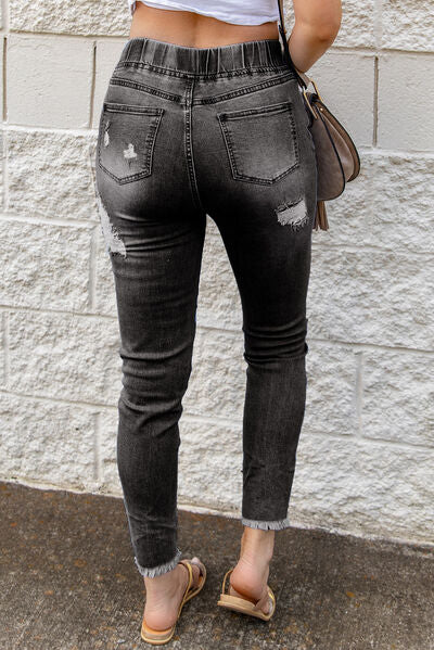 Drawstring Distressed Raw Hem Jeans