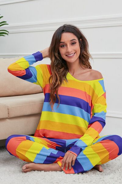 Striped Long Sleeve Top and Drawstring Pants Lounge Set