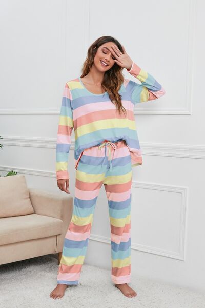 Striped Long Sleeve Top and Drawstring Pants Lounge Set