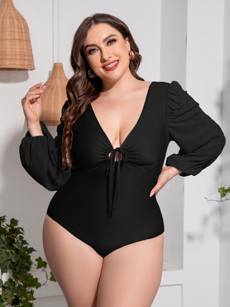 Deep V Balloon Sleeve One-Piece Swimsuit