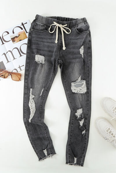 Drawstring Distressed Raw Hem Jeans