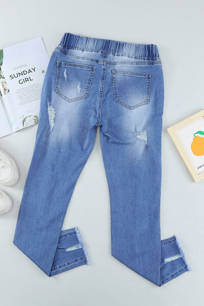 Drawstring Distressed Raw Hem Jeans