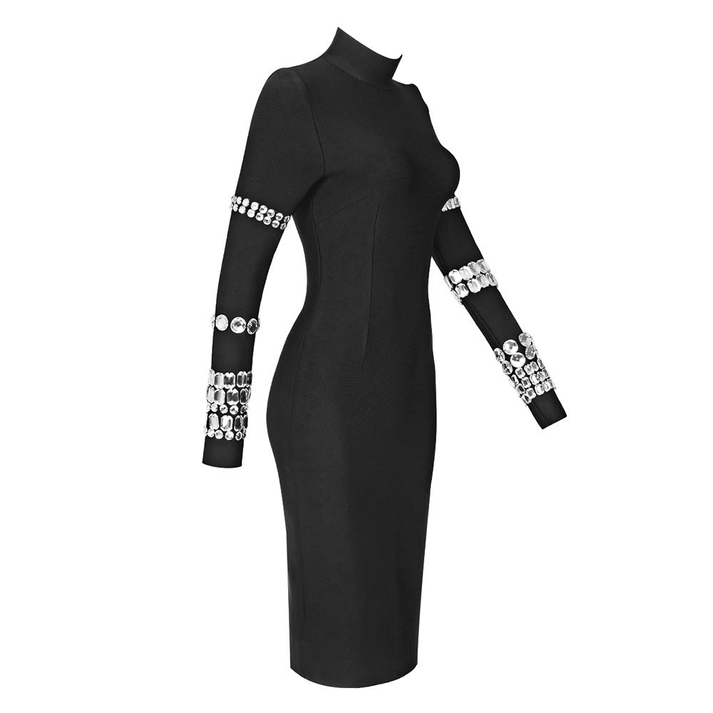 Winter Heavy Industry Beads Turtleneck Bandage Dress