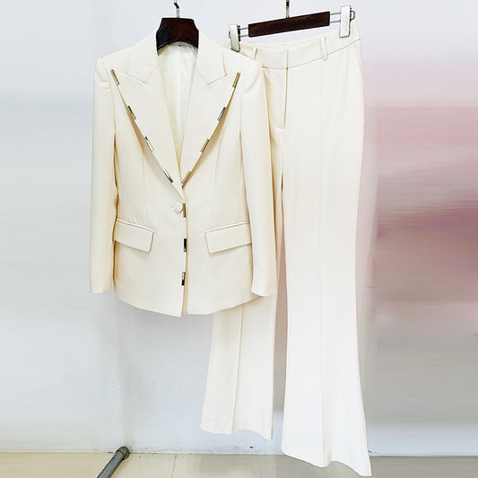 One Button Blazer & Bell Bottom Pants Two Piece Suit