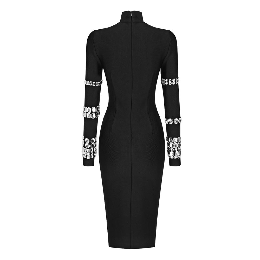 Winter Heavy Industry Beads Turtleneck Bandage Dress