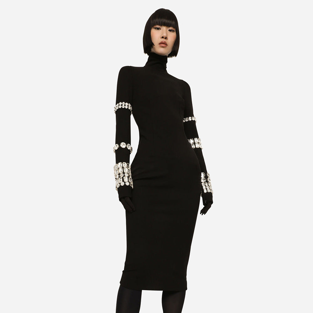 Winter Heavy Industry Beads Turtleneck Bandage Dress