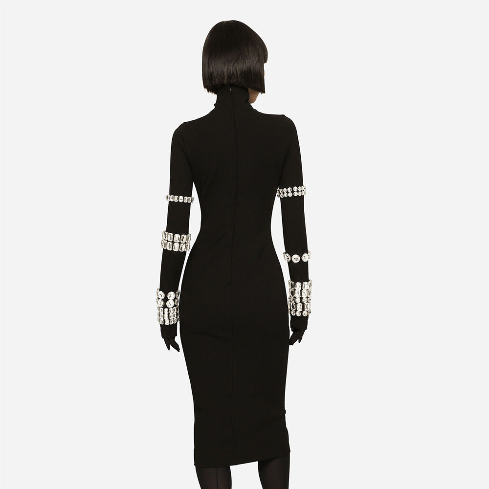 Winter Heavy Industry Beads Turtleneck Bandage Dress