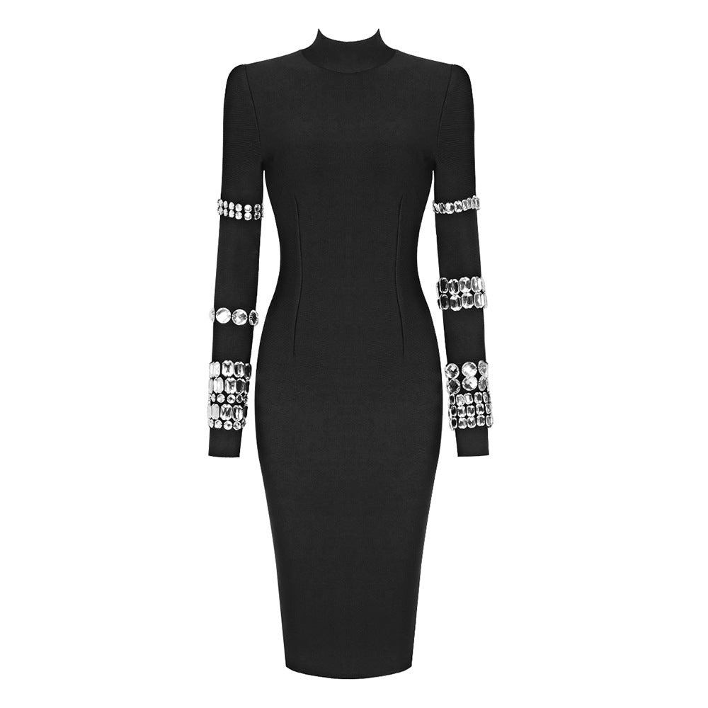 Winter Heavy Industry Beads Turtleneck Bandage Dress