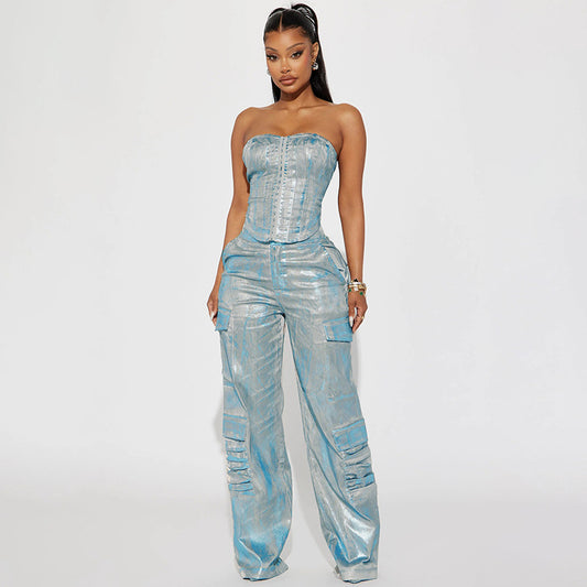 Metallic Silver Tone Straight Leg Pants Sets