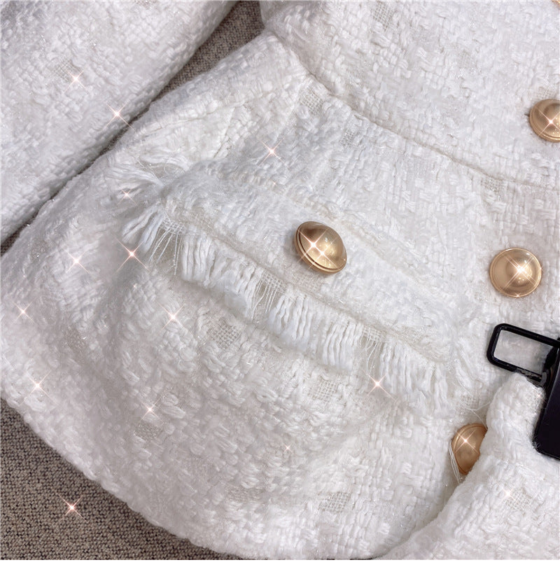 Chanel-Style White Shiner Tweed Coat Jacket Shorts Suit Two-Piece Set