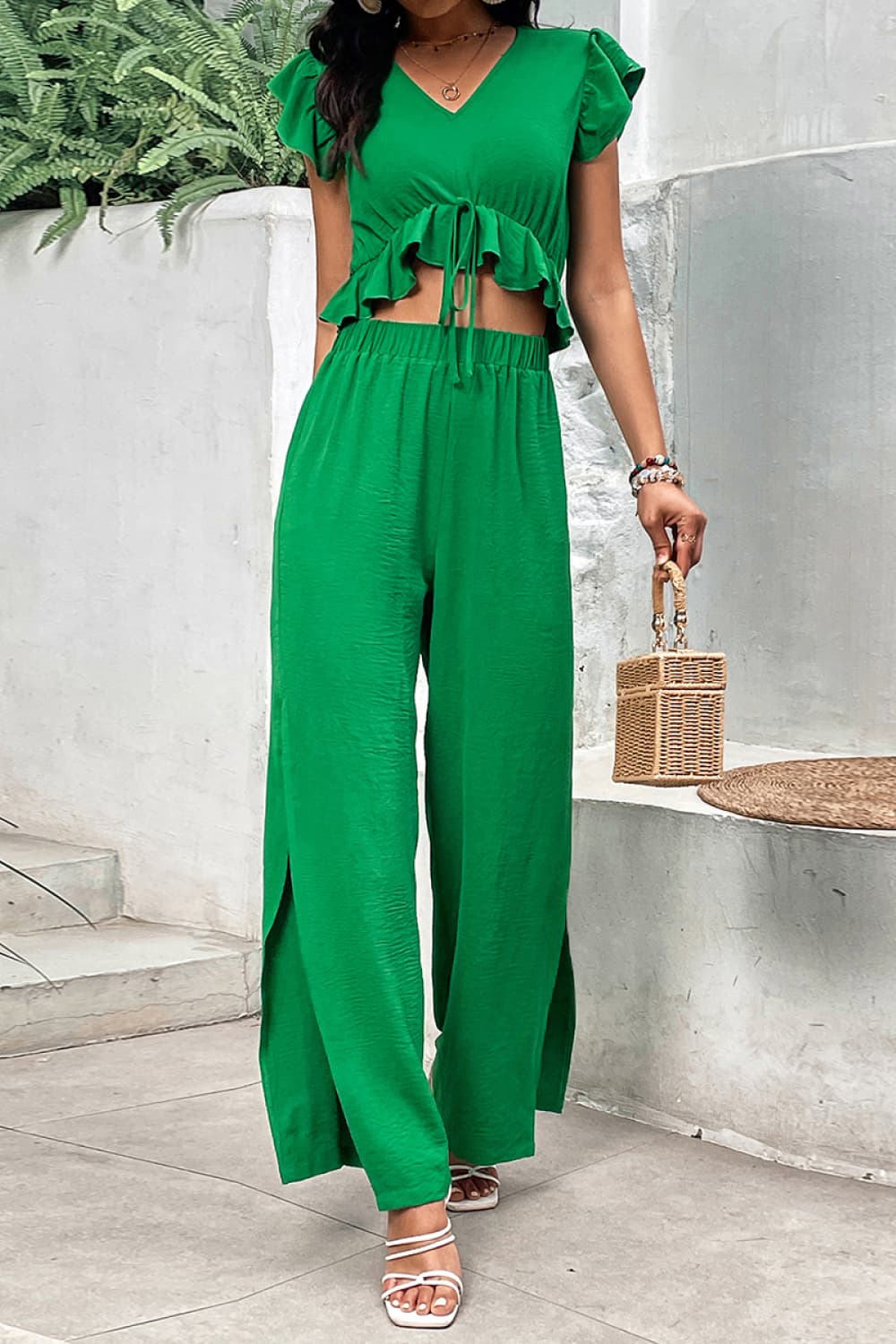 Ruffle Hem Top and Slit Pants Set