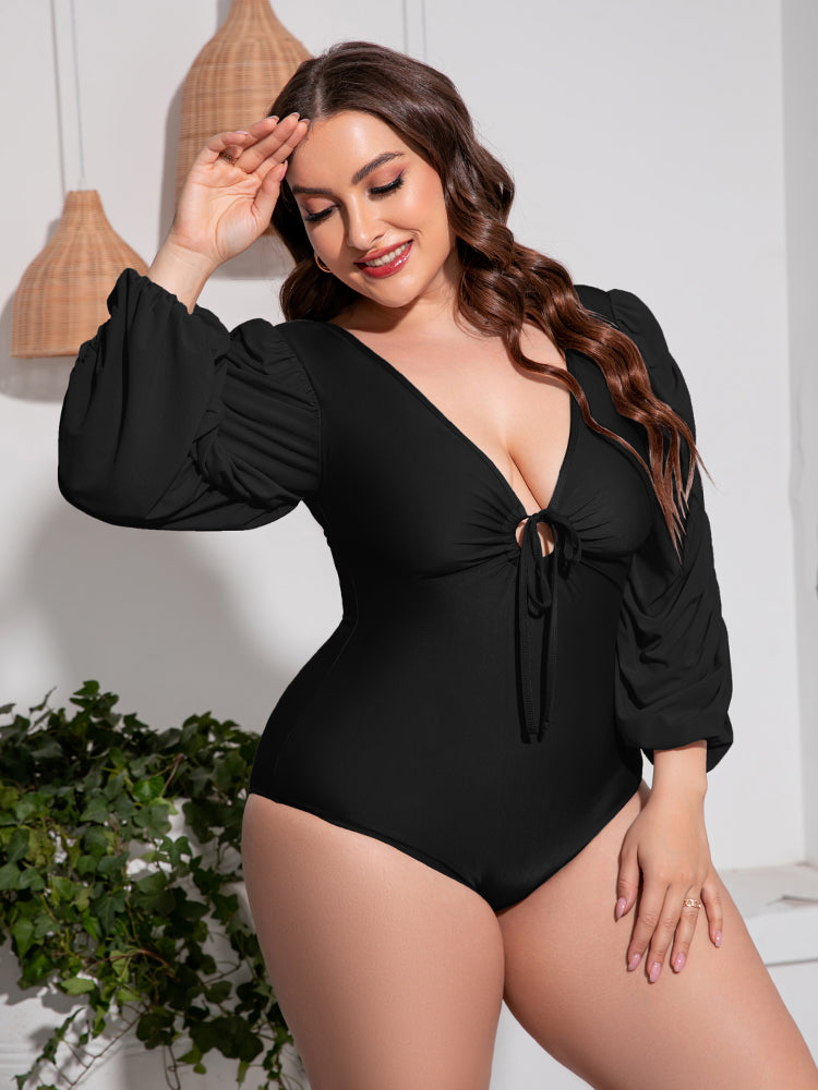 Deep V Balloon Sleeve One-Piece Swimsuit