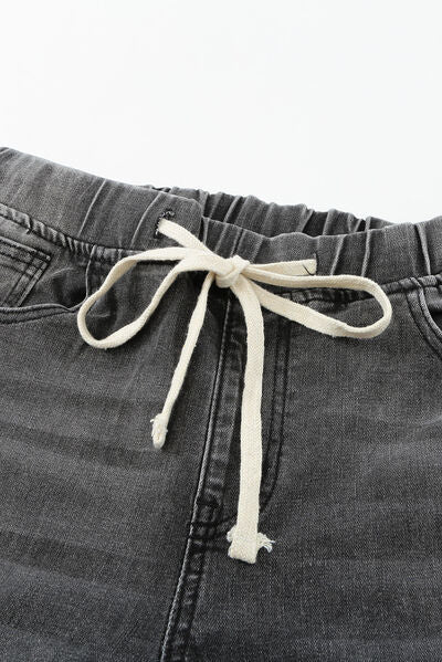 Drawstring Distressed Raw Hem Jeans