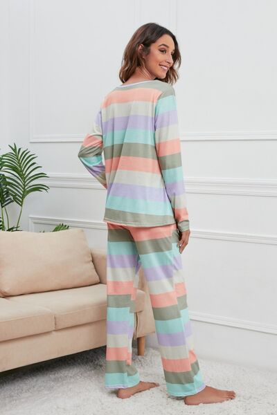 Striped Long Sleeve Top and Drawstring Pants Lounge Set