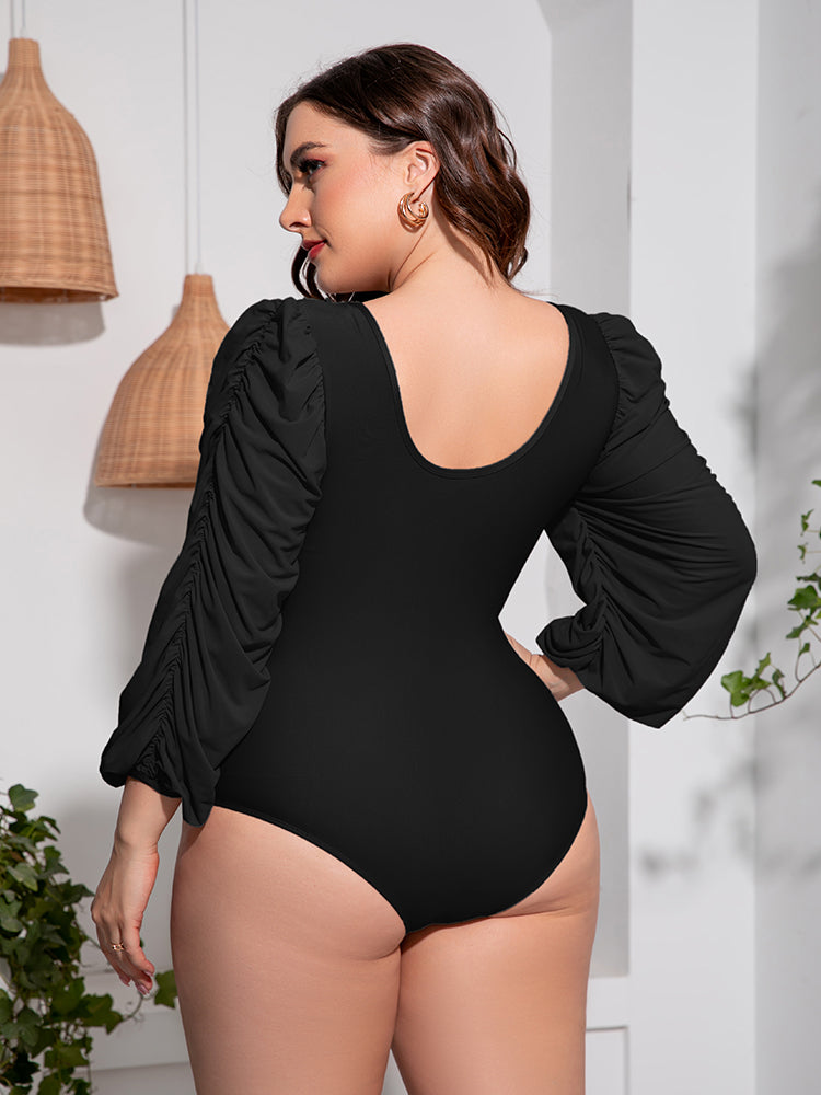 Deep V Balloon Sleeve One-Piece Swimsuit